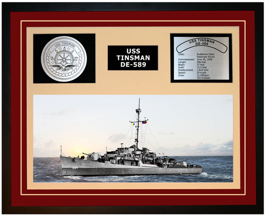 USS TINSMAN DE-589 Framed Navy Ship Display Burgundy