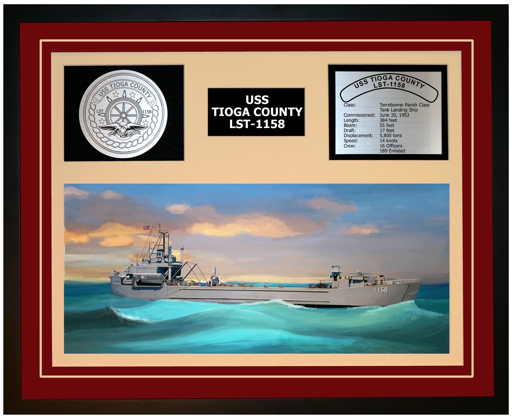 USS TIOGA COUNTY LST-1158 Framed Navy Ship Display Burgundy