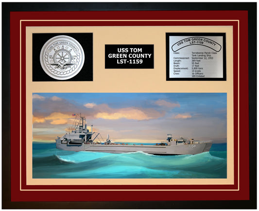 USS TOM GREEN COUNTY LST-1159 Framed Navy Ship Display Burgundy