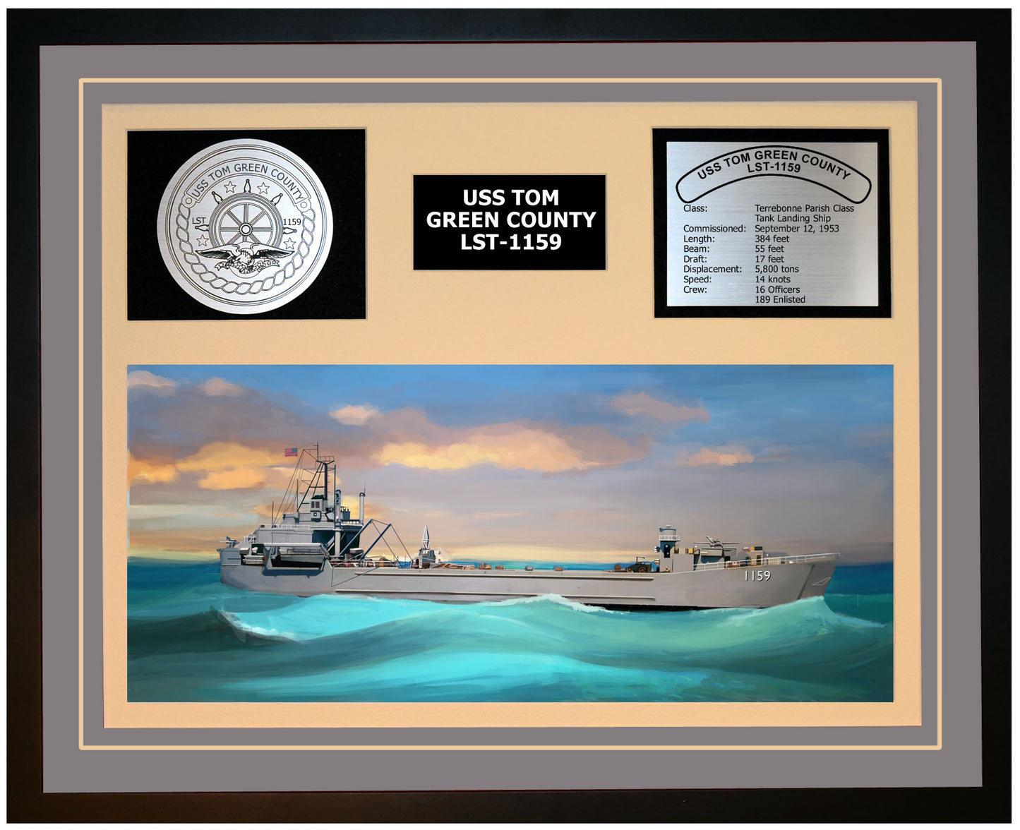 USS TOM GREEN COUNTY LST-1159 Framed Navy Ship Display Grey