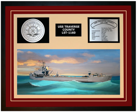 USS TRAVERSE COUNTY LST-1160 Framed Navy Ship Display Burgundy