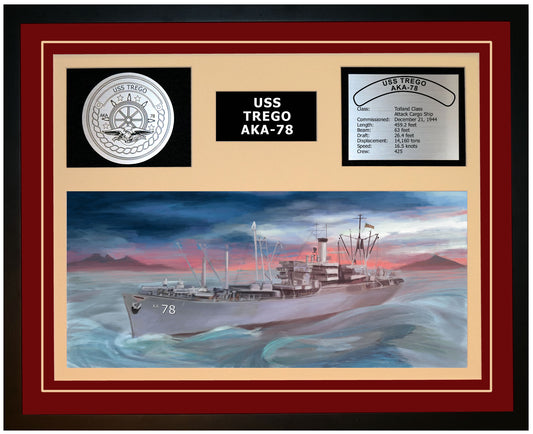 USS TREGO AKA-78 Framed Navy Ship Display Burgundy
