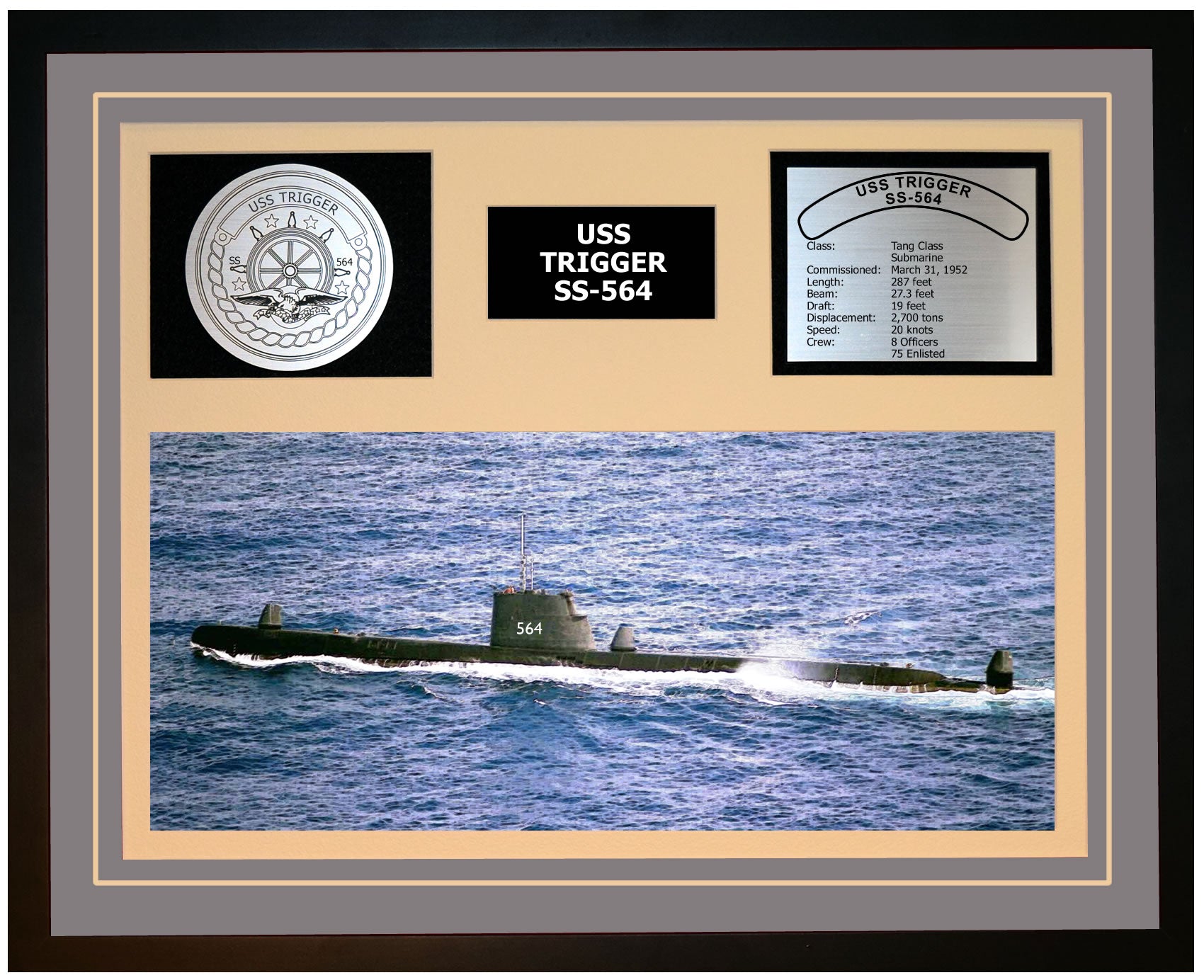 USS TRIGGER SS-564 Framed Navy Ship Display Grey