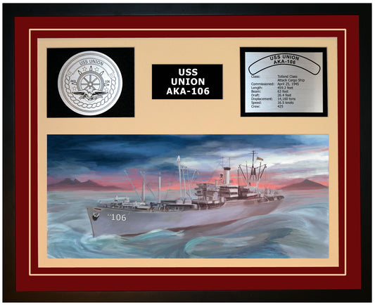 USS UNION AKA-106 Framed Navy Ship Display Burgundy
