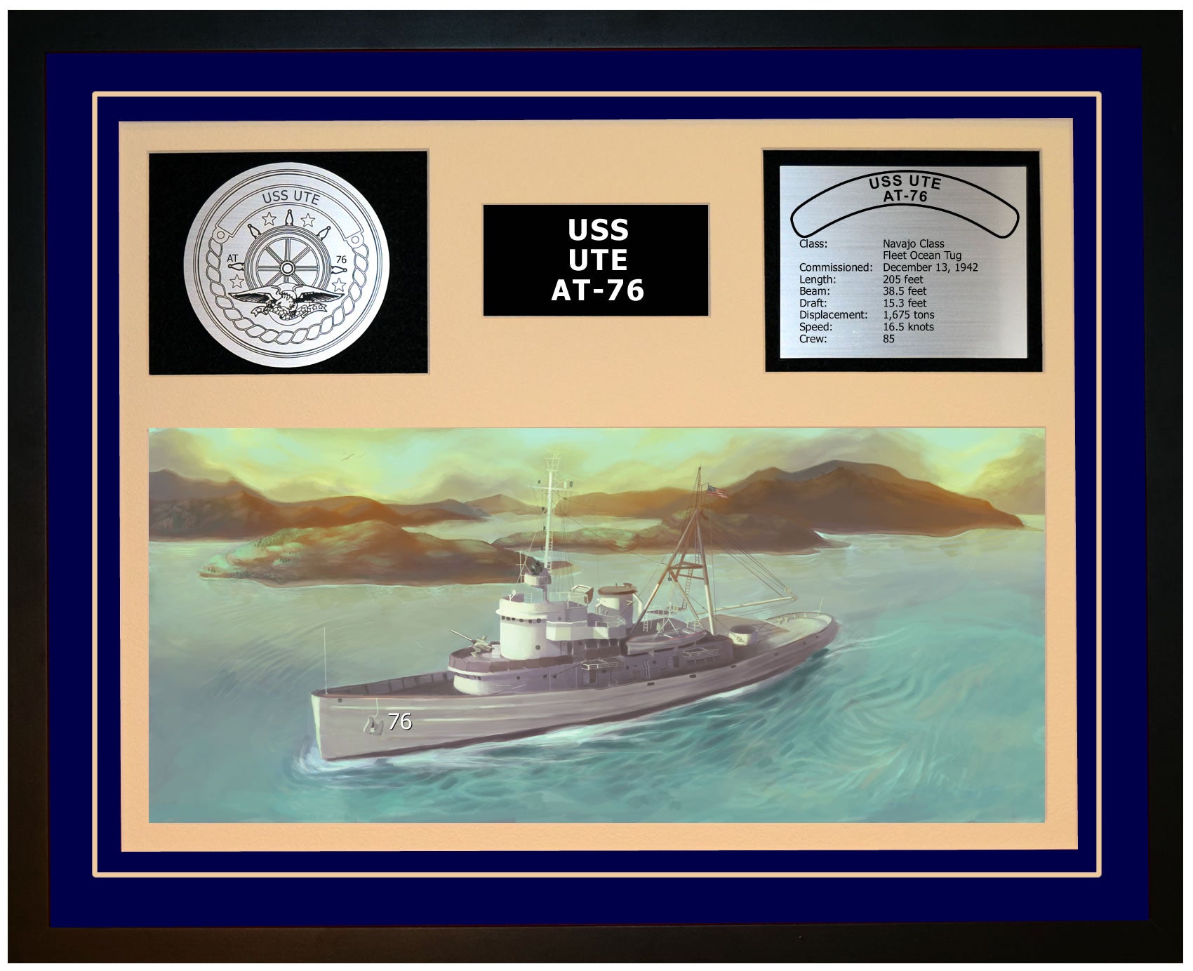 USS UTE AT-76 Framed Navy Ship Display Blue