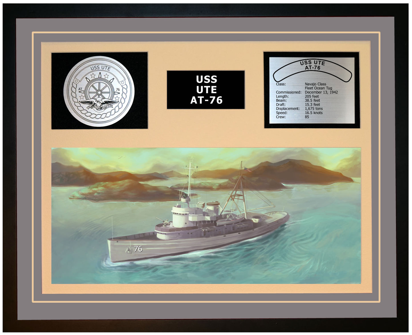 USS UTE AT-76 Framed Navy Ship Display Grey