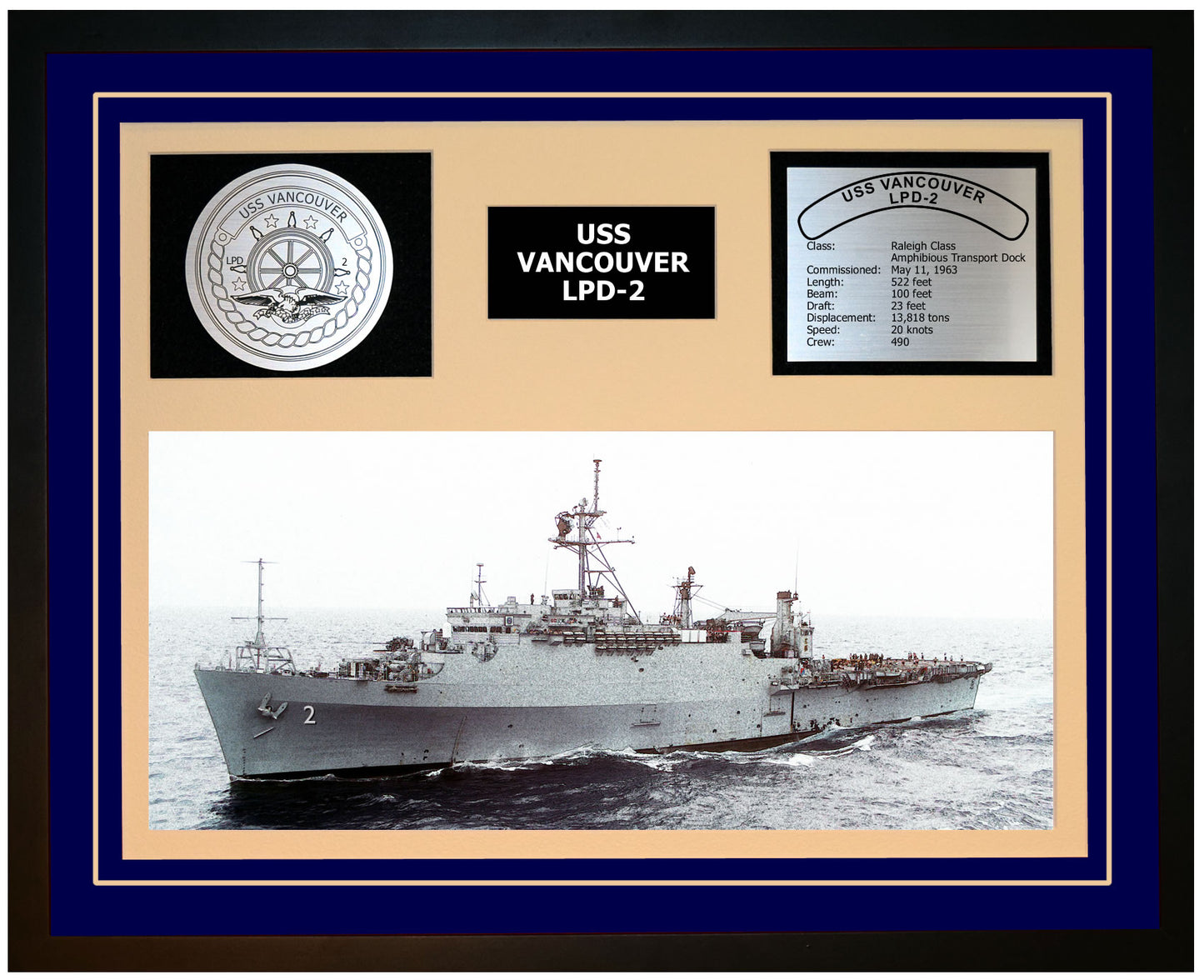 USS VANCOUVER LPD-2 Framed Navy Ship Display Blue