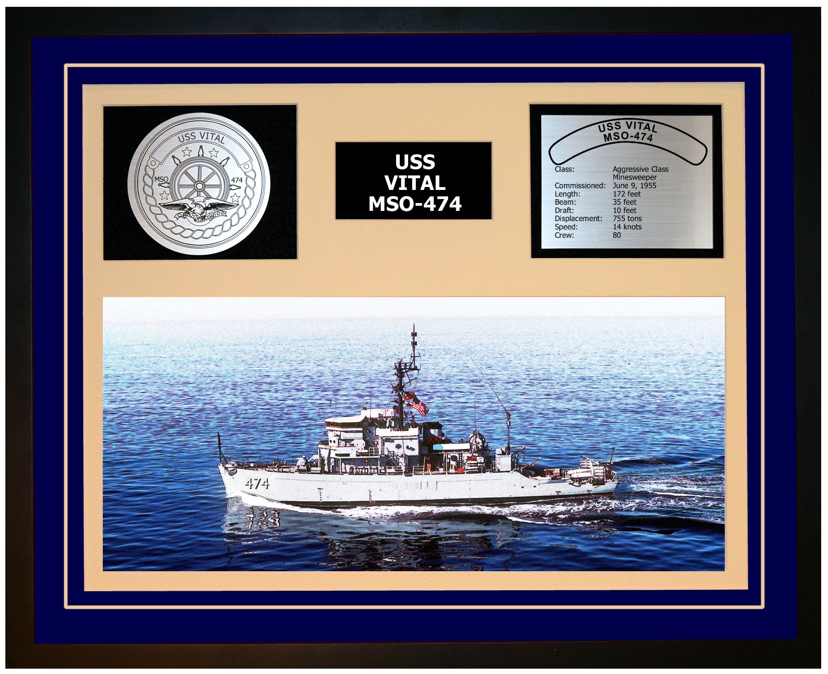 USS VITAL MSO-474 Framed Navy Ship Display Blue