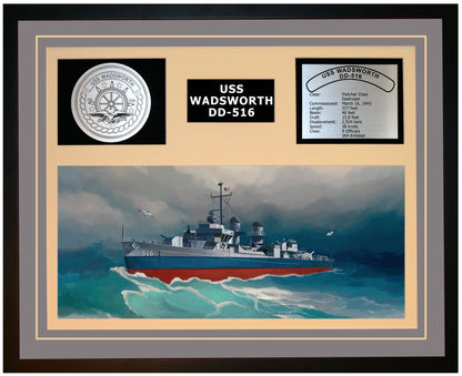 USS WADSWORTH DD-516 Framed Navy Ship Display Grey