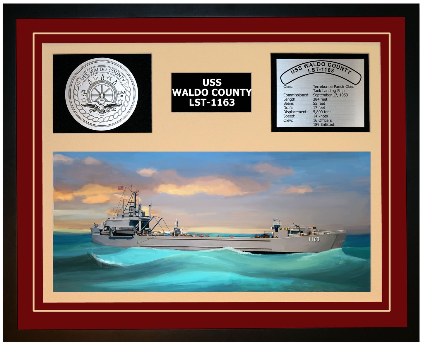 USS WALDO COUNTY LST-1163 Framed Navy Ship Display Burgundy