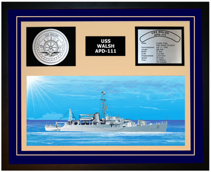 USS WALSH APD-111 Framed Navy Ship Display Blue