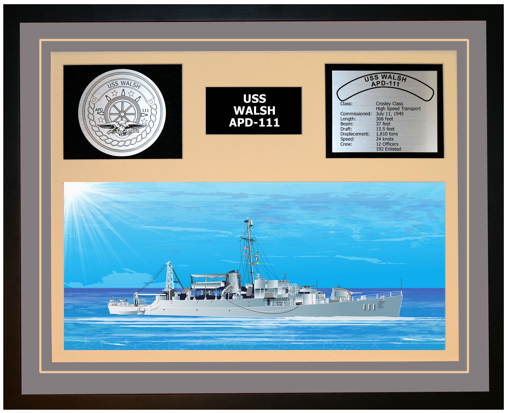 USS WALSH APD-111 Framed Navy Ship Display Grey