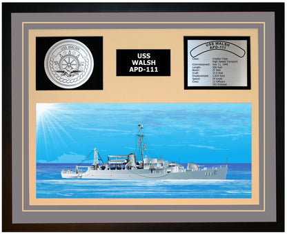 USS WALSH APD-111 Framed Navy Ship Display Grey