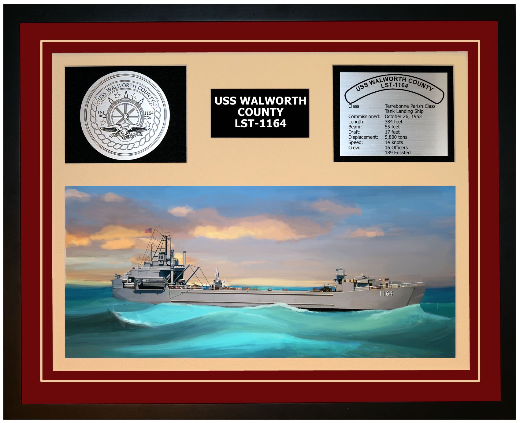 USS WALWORTH COUNTY LST-1164 Framed Navy Ship Display Burgundy