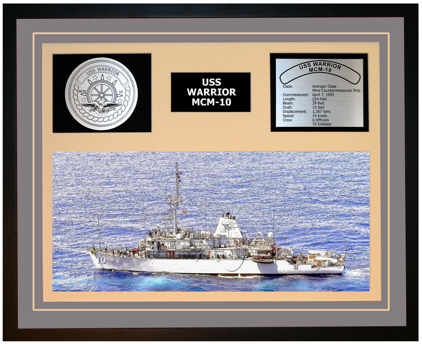 USS WARRIOR MCM-10 Framed Navy Ship Display Grey
