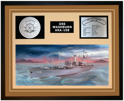 USS WASHBURN AKA-108 Framed Navy Ship Display Brown