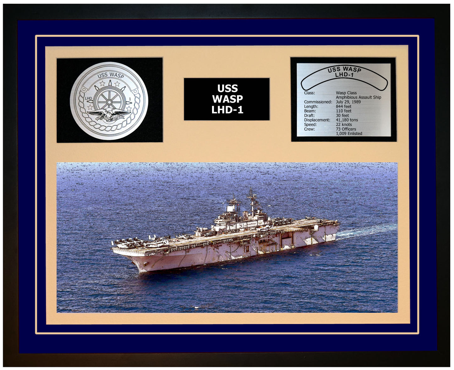 USS WASP LHD-1 Framed Navy Ship Display Blue
