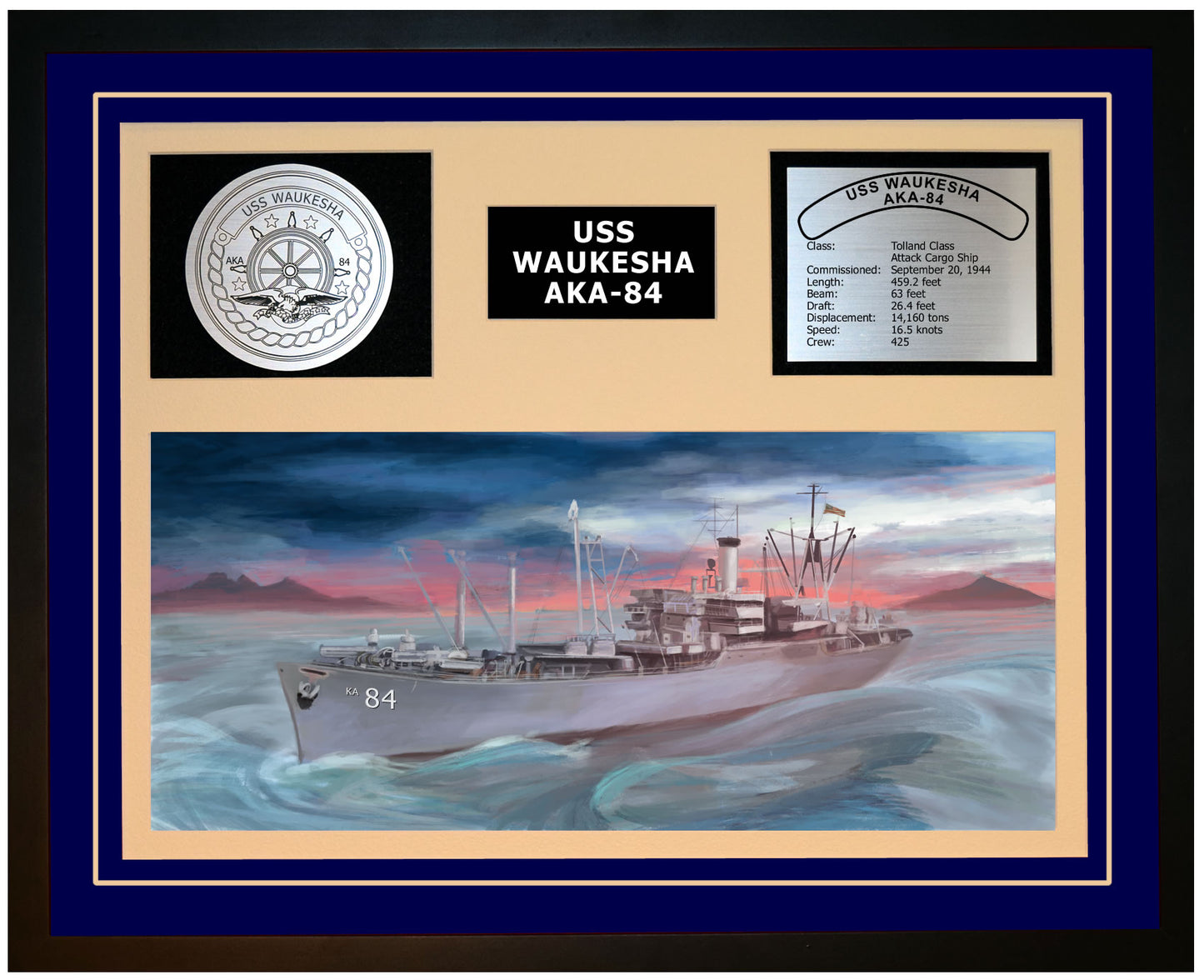 USS WAUKESHA AKA-84 Framed Navy Ship Display Blue