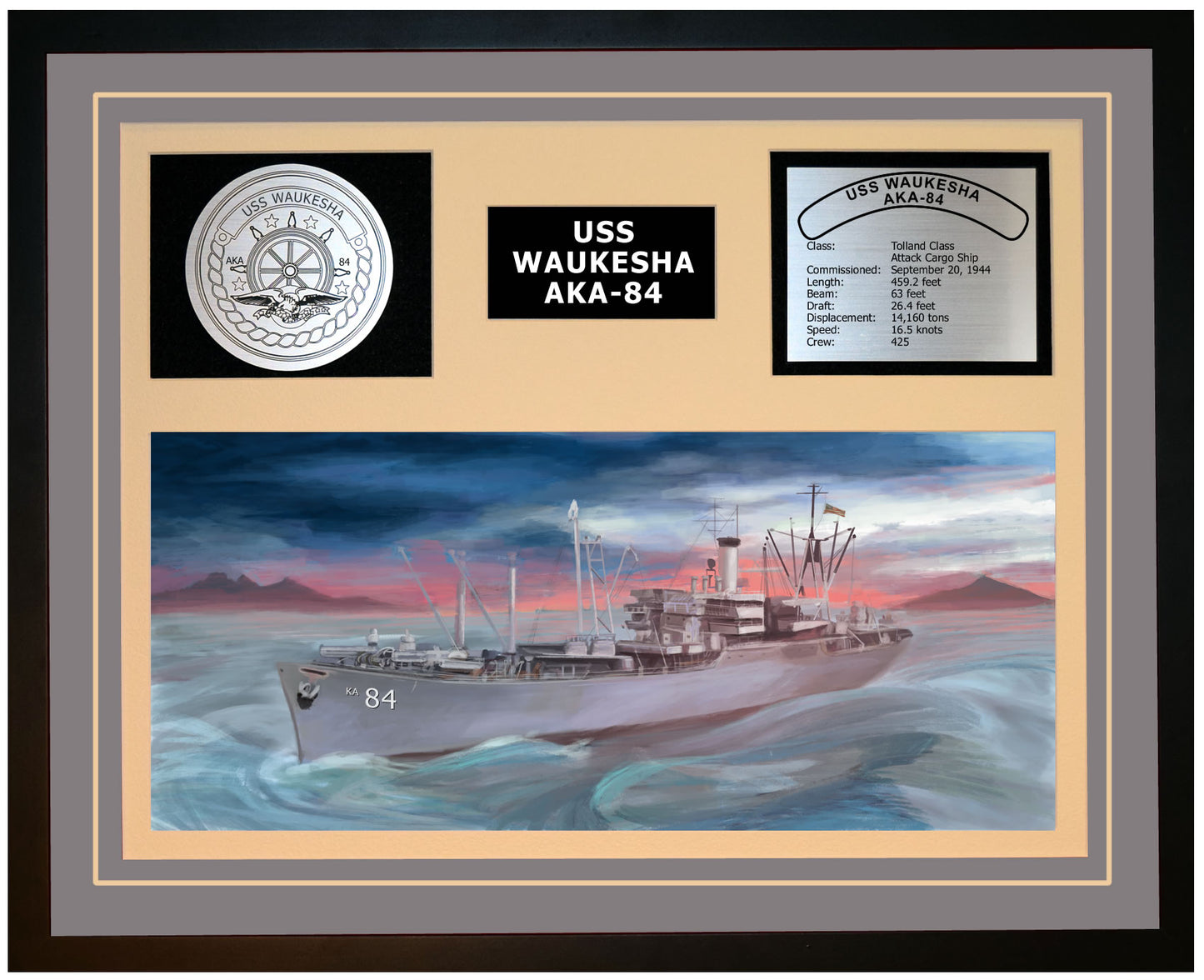 USS WAUKESHA AKA-84 Framed Navy Ship Display Grey
