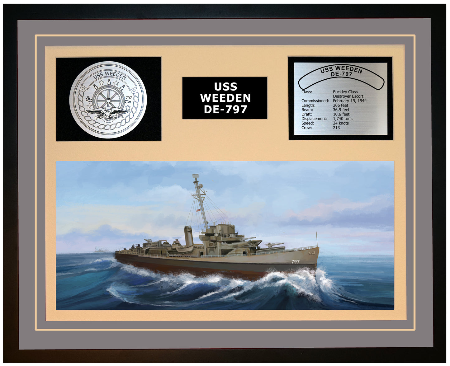 USS WEEDEN DE-797 Framed Navy Ship Display Grey