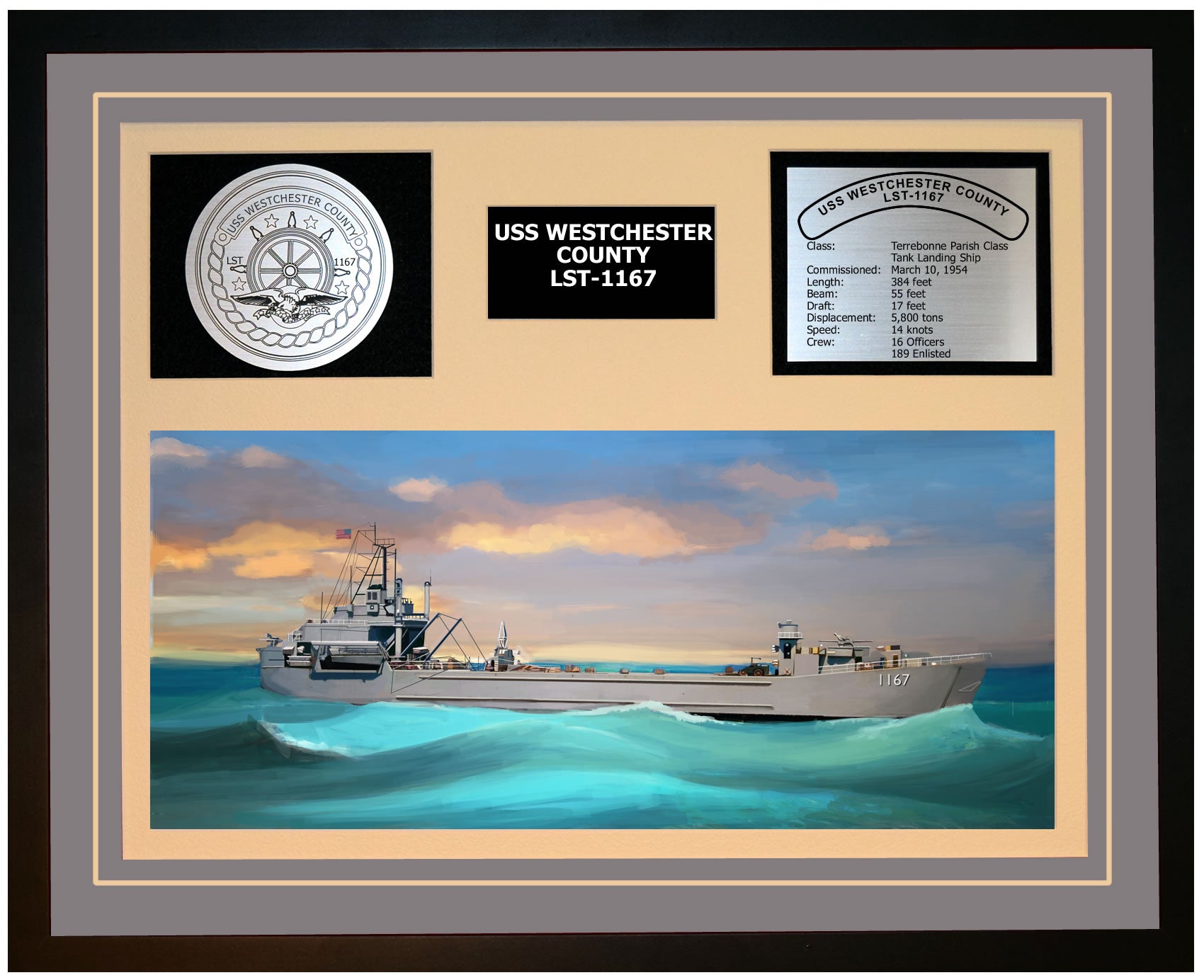 USS WESTCHESTER COUNTY LST-1167 Framed Navy Ship Display Grey