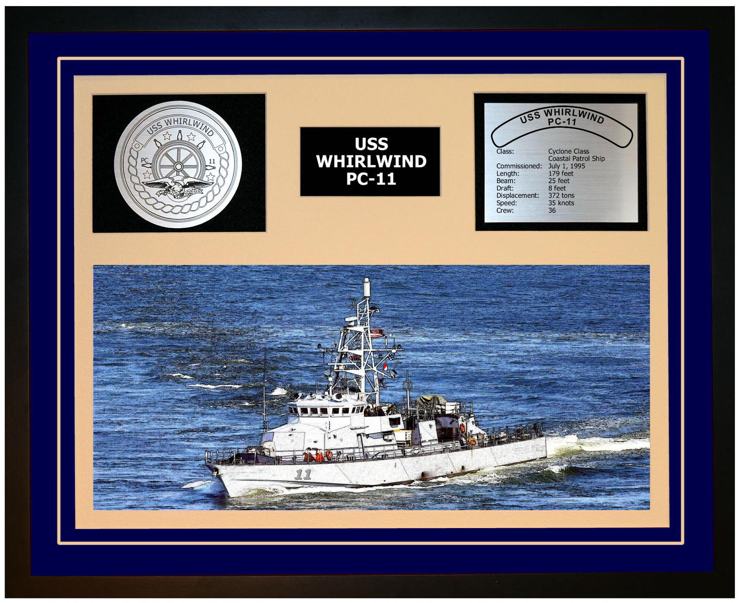 USS WHIRLWIND PC-11 Framed Navy Ship Display Blue