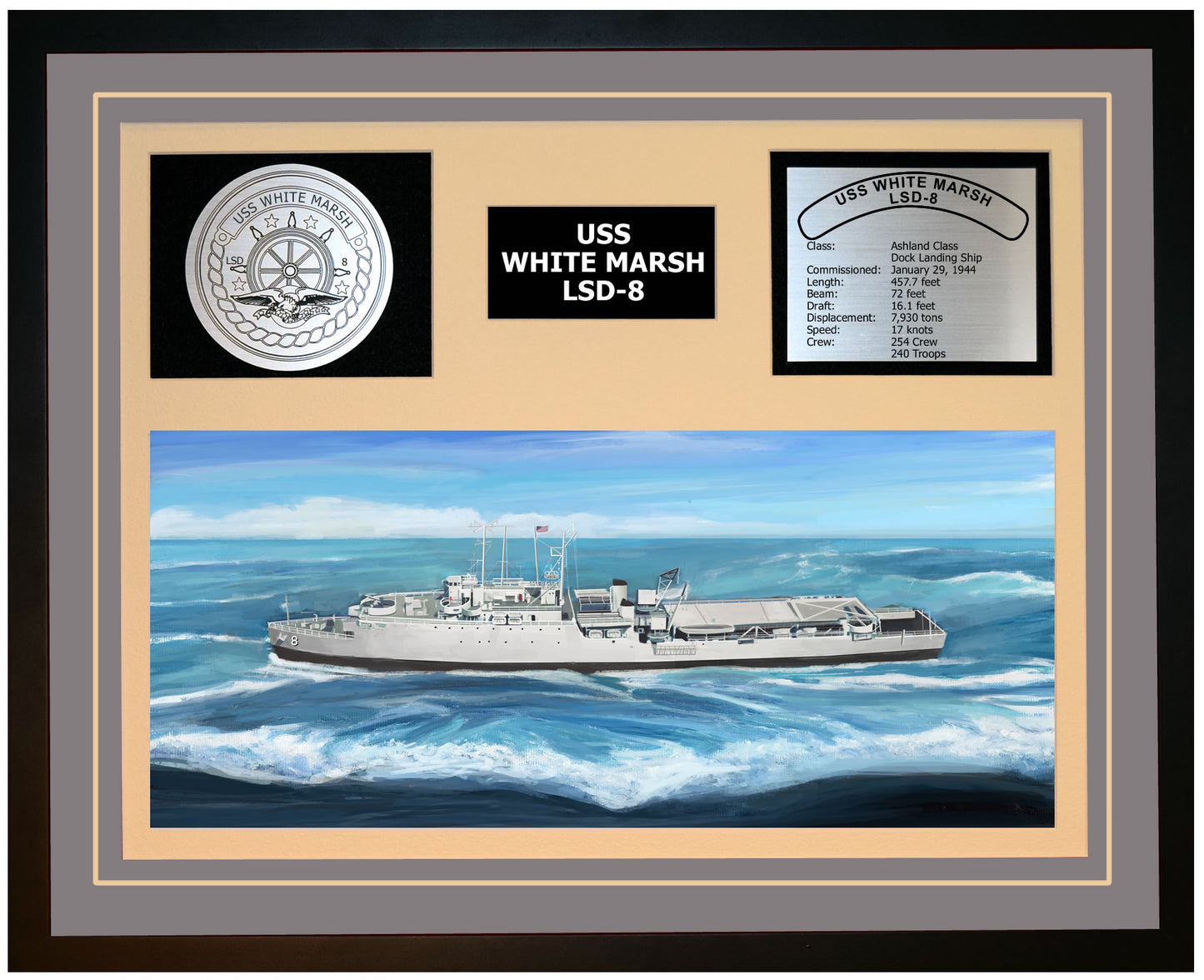 USS WHITE MARSH LSD-8 Framed Navy Ship Display Grey