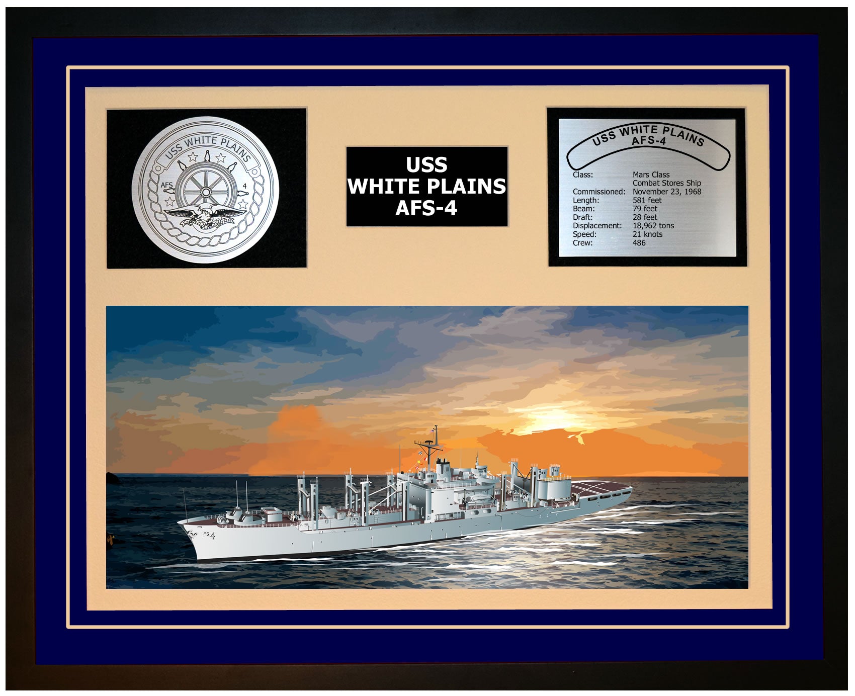 USS WHITE PLAINS AFS-4 Framed Navy Ship Display Blue