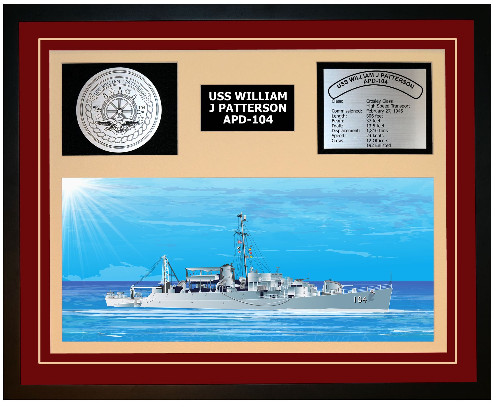 USS WILLIAM J PATTERSON APD-104 Framed Navy Ship Display Burgundy