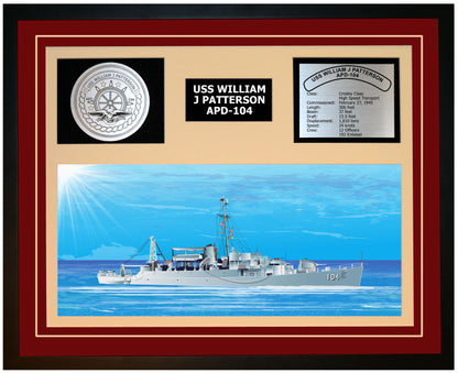 USS WILLIAM J PATTERSON APD-104 Framed Navy Ship Display Burgundy