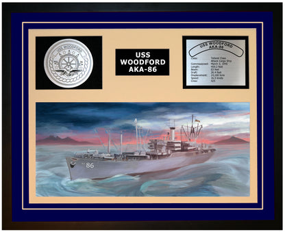 USS WOODFORD AKA-86 Framed Navy Ship Display Blue