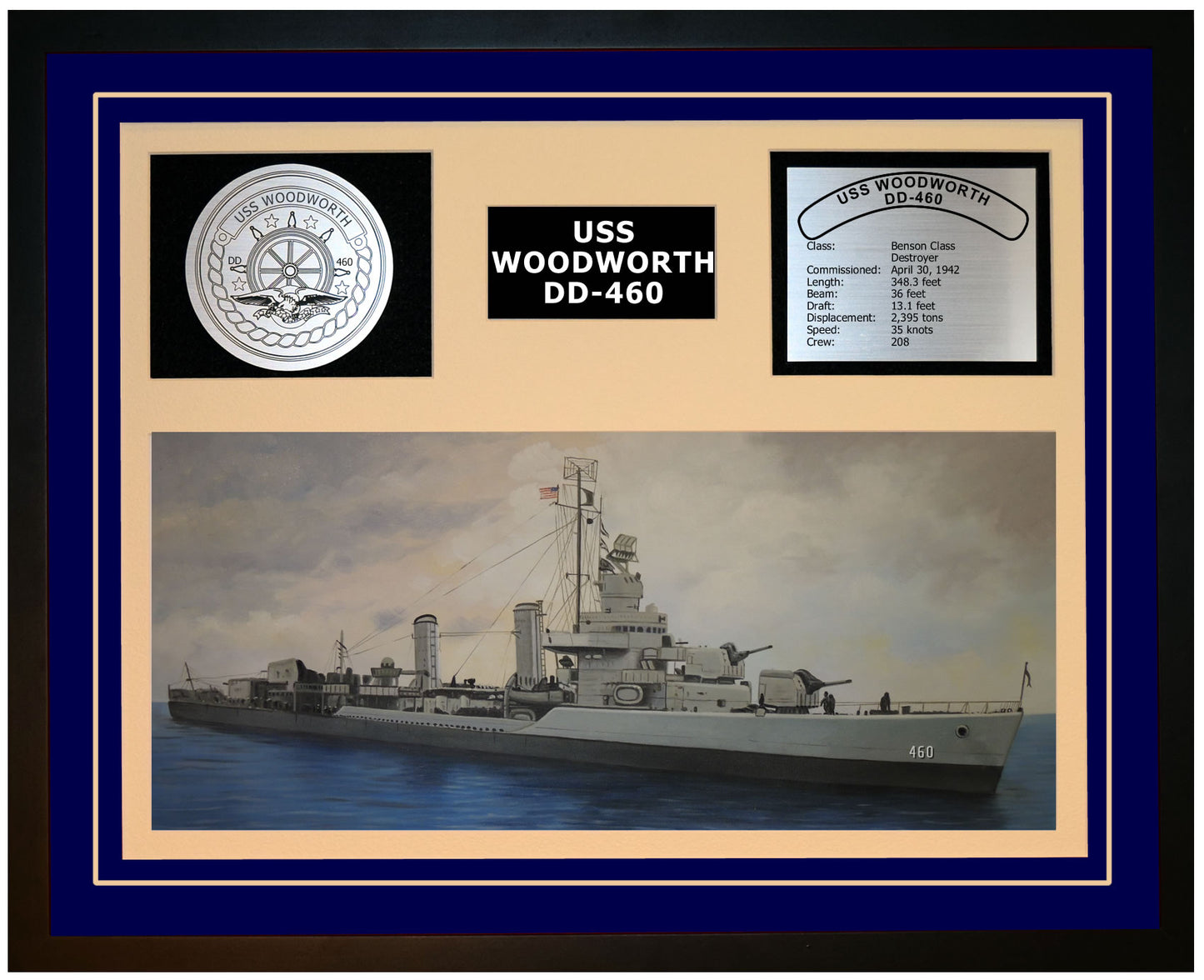 USS WOODWORTH DD-460 Framed Navy Ship Display Blue
