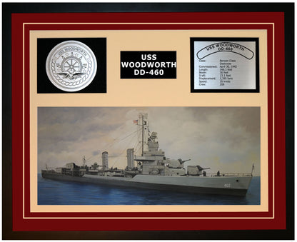 USS WOODWORTH DD-460 Framed Navy Ship Display Burgundy