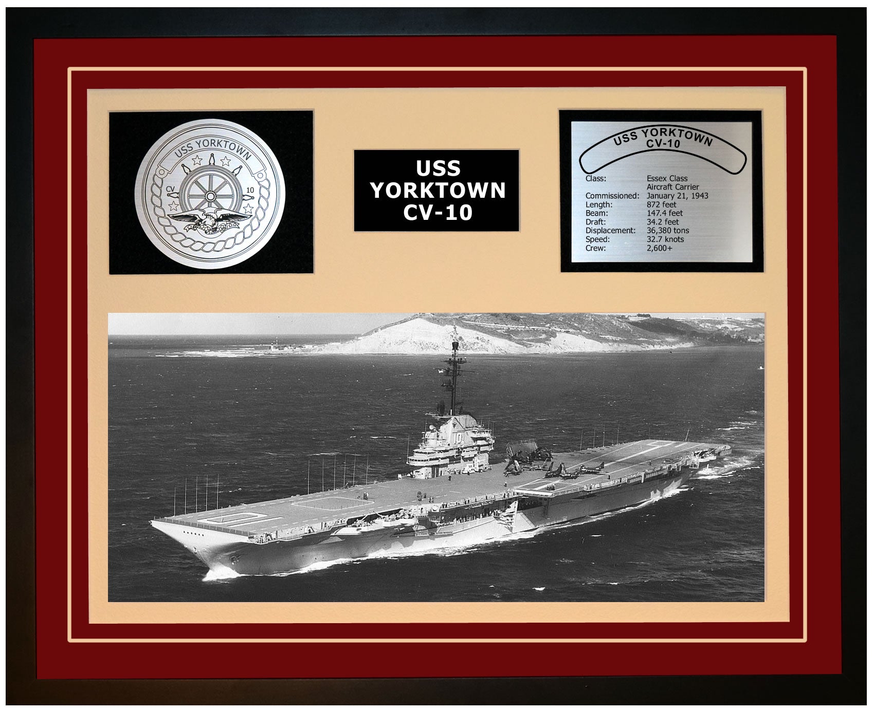 USS YORKTOWN CV-10 Framed Navy Ship Display Burgundy