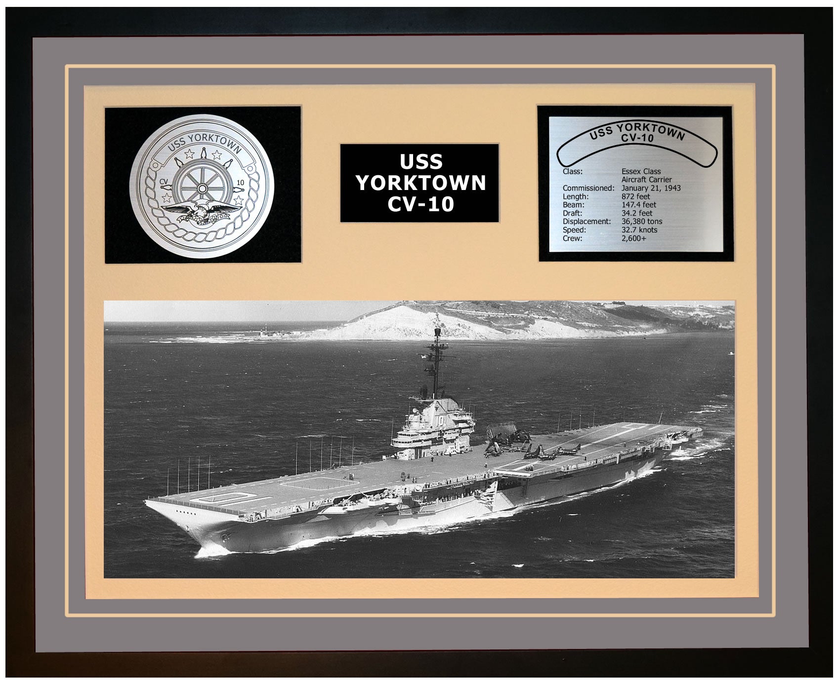 USS YORKTOWN CV-10 Framed Navy Ship Display Grey