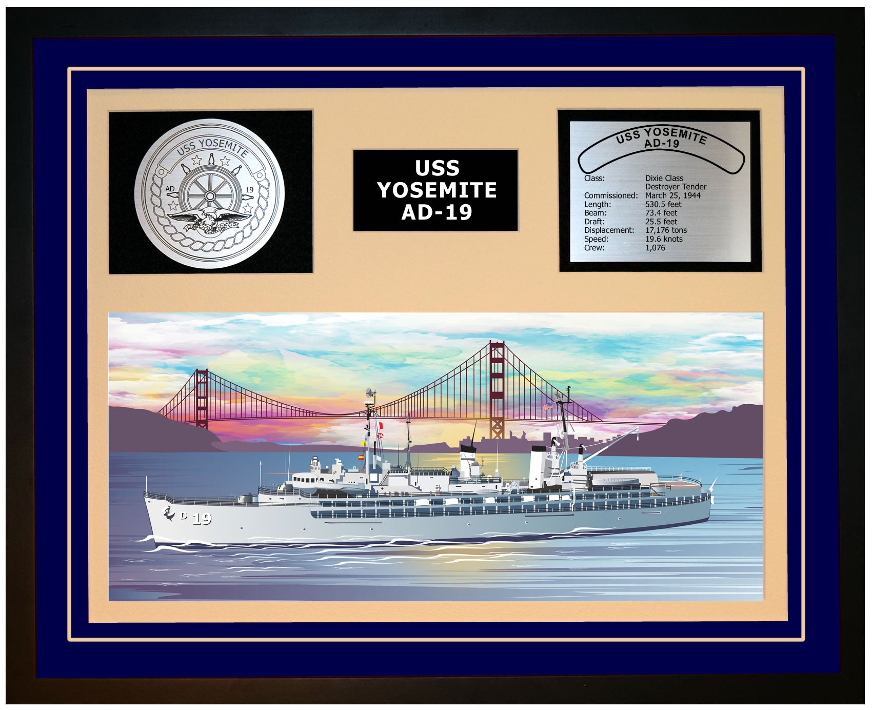 USS YOSEMITE AD-19 Framed Navy Ship Display Blue