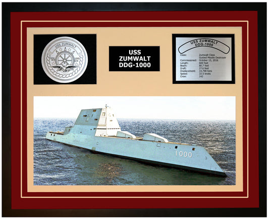 USS ZUMWALT DDG-1000 Framed Navy Ship Display Burgundy