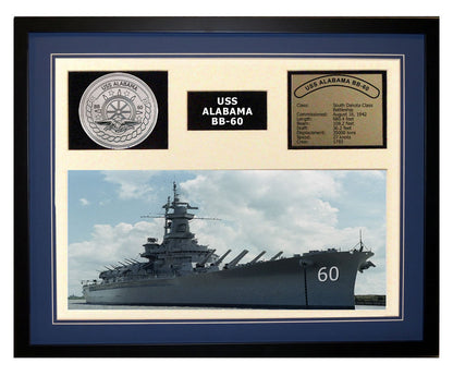 USS Alabama  BB 60  - Framed Navy Ship Display Blue