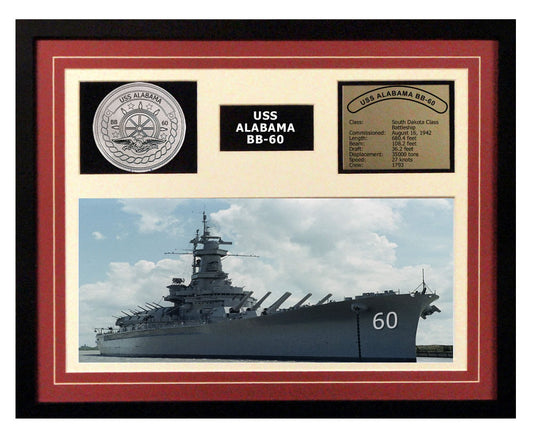 USS Alabama  BB 60  - Framed Navy Ship Display Burgundy