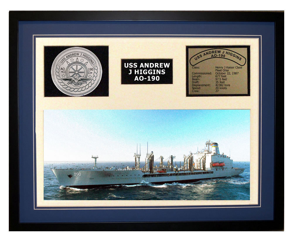USS Andrew J Higgins  AO 190  - Framed Navy Ship Display Blue
