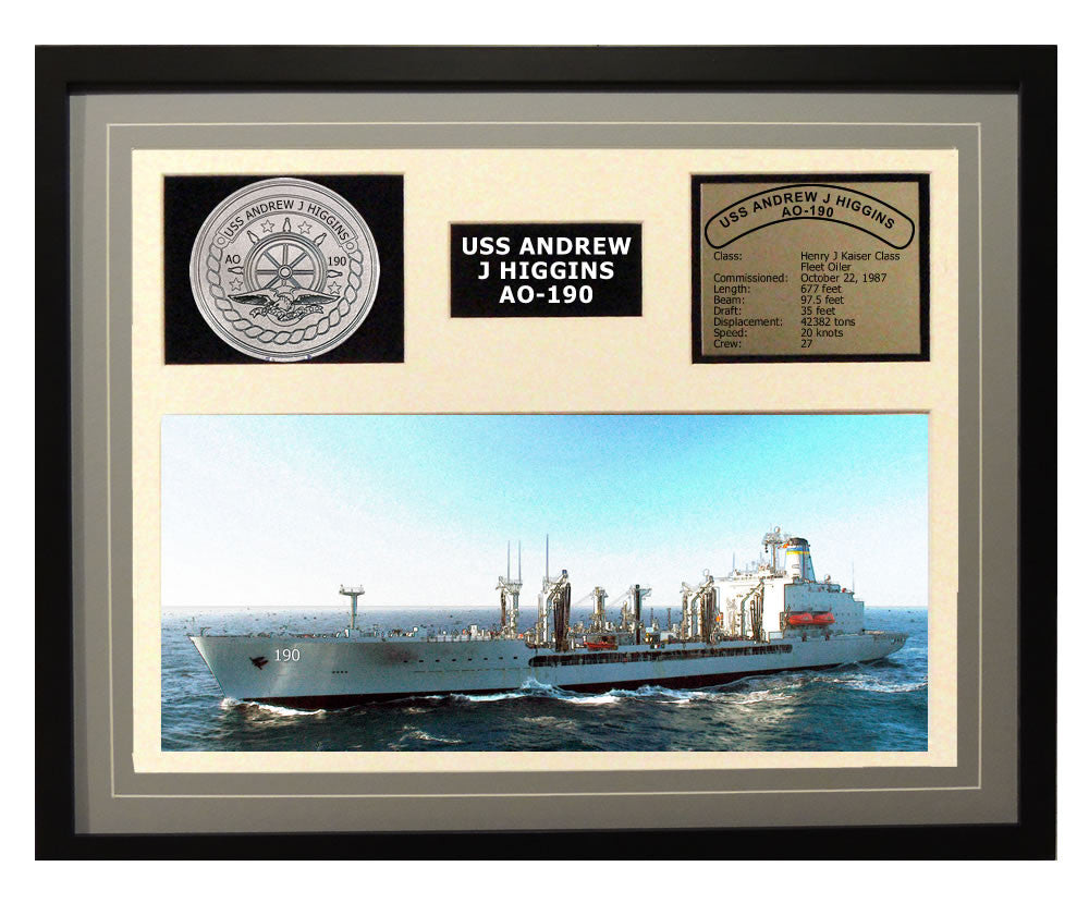 USS Andrew J Higgins  AO 190  - Framed Navy Ship Display Grey