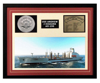 USS Andrew J Higgins  AO 190  - Framed Navy Ship Display Burgundy