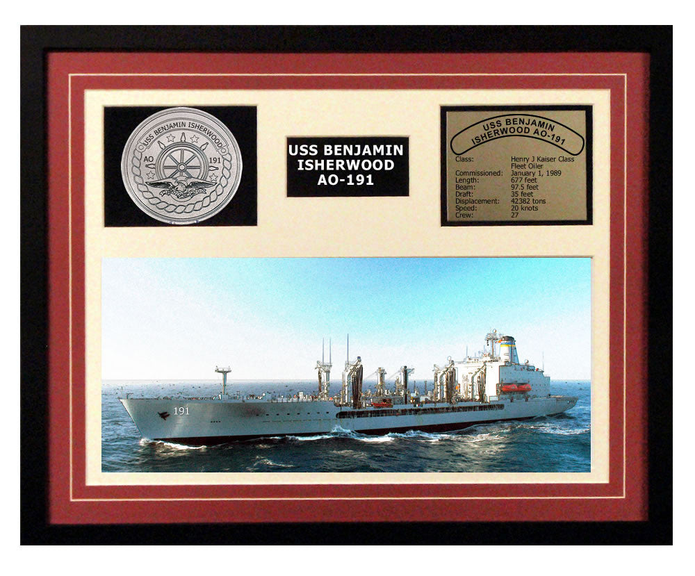 USS Benjamin Isherwood  AO 191  - Framed Navy Ship Display Burgundy