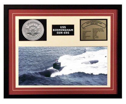 USS Birmingham  SSN 695  - Framed Navy Ship Display Burgundy
