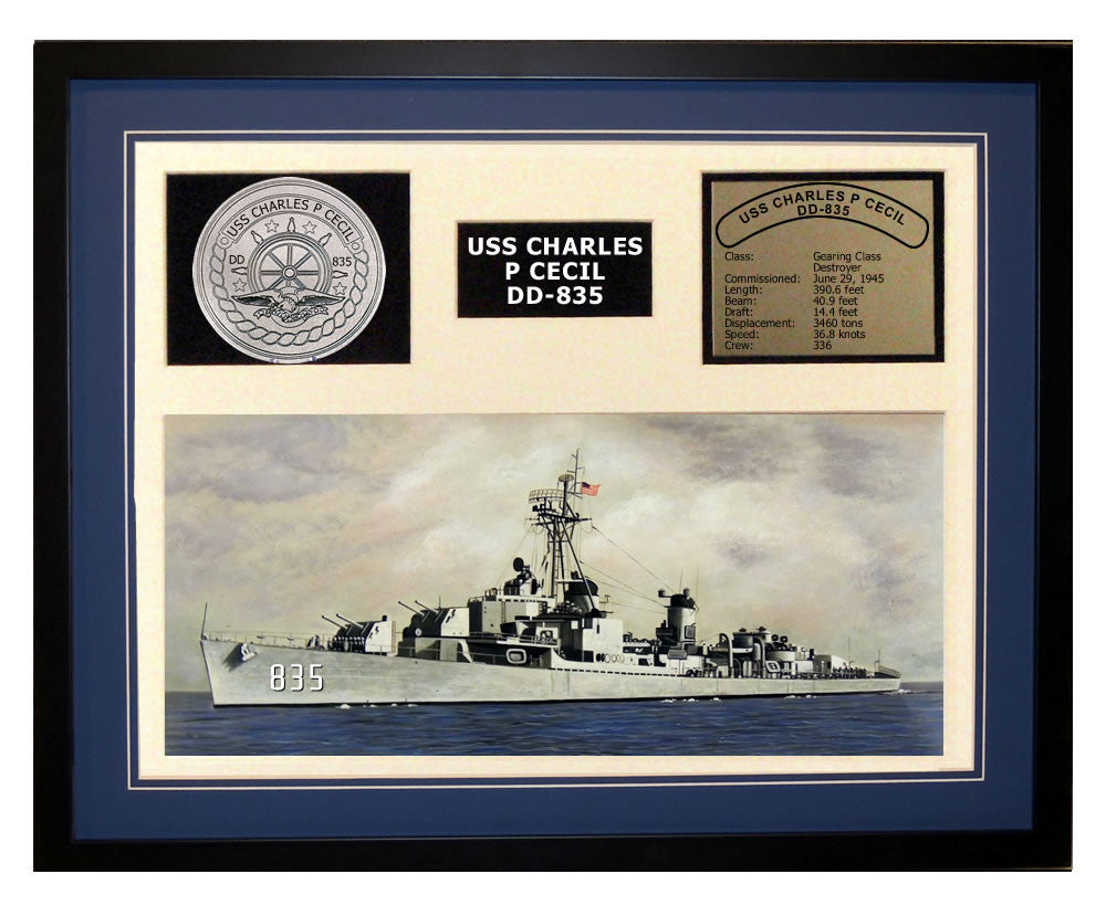 USS Charles P Cecil  DD 835  - Framed Navy Ship Display Blue