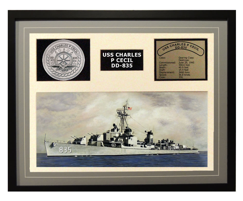 USS Charles P Cecil  DD 835  - Framed Navy Ship Display Grey