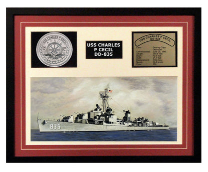 USS Charles P Cecil  DD 835  - Framed Navy Ship Display Burgundy
