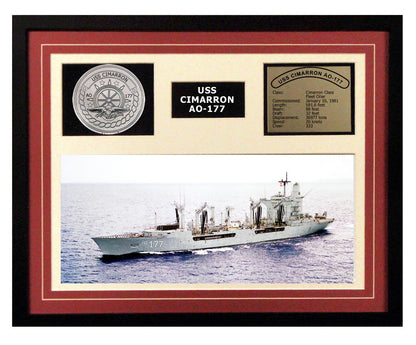USS Cimarron  AO 177  - Framed Navy Ship Display Burgundy