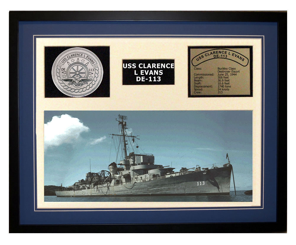 USS Clarence L Evans  DE 113  - Framed Navy Ship Display Blue