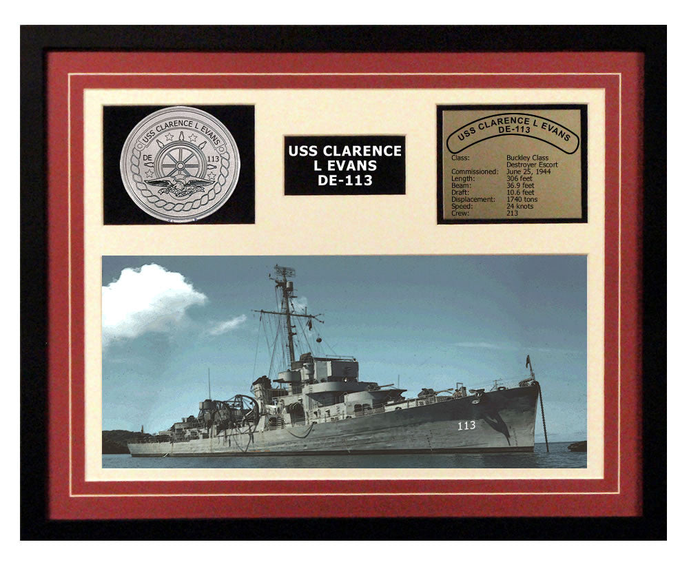 USS Clarence L Evans  DE 113  - Framed Navy Ship Display Burgundy